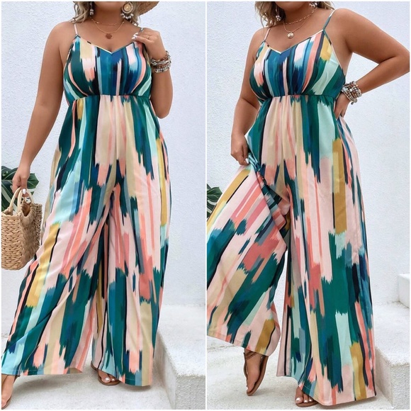 Pants - Plus Print Cami Wide Leg Jumper Jumpsuit